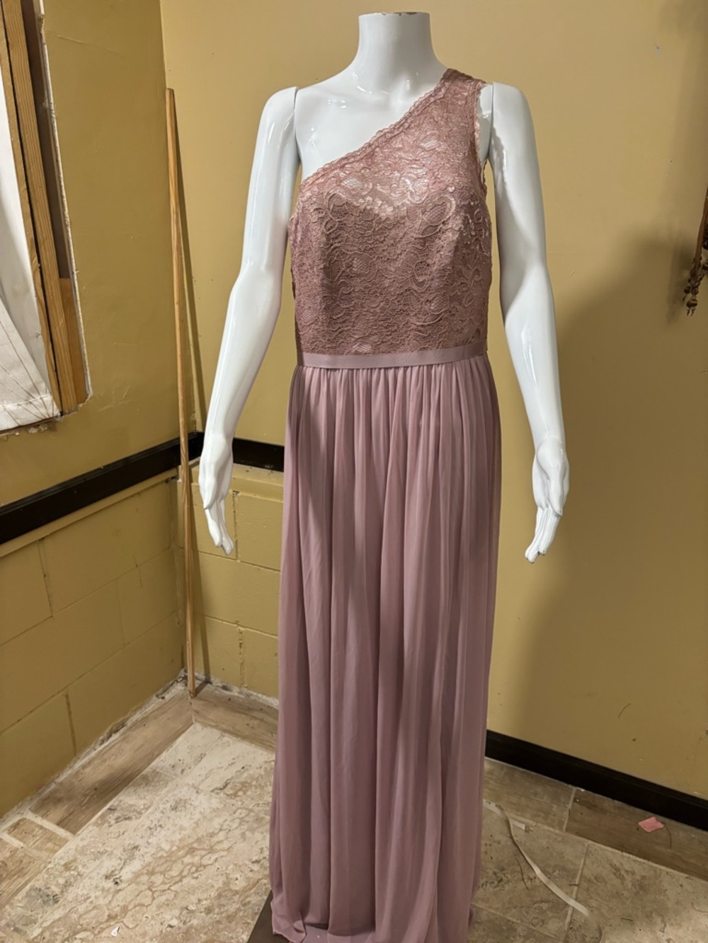 David's Bridal One-Shoulder Lace Bodice Maxi Dress in Dusty Mauve